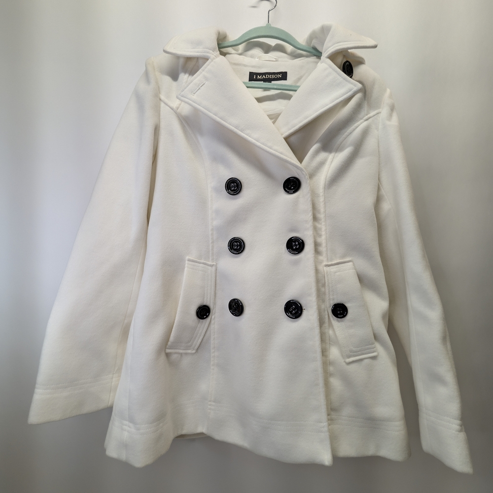 1 Madison Women's White Peacoat with Black Buttons